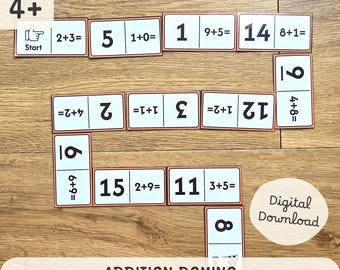 May include: White dominoes with black numbers and addition sums are laid out on a wooden surface. The dominoes show equations such as "2+3=" and "8+1=", with their answers. The text "ADDITION DOMINO TASK BOX" is visible.