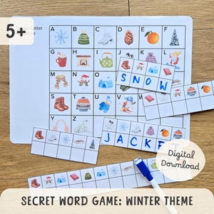 May include: A winter-themed secret word game for ages 5+. The game includes a white board with letters and winter-related images, along with word cards spelling "SNOW" and "JACKET". A blue marker is also included.