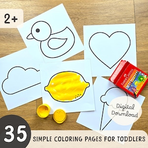 May include: A collection of 35 simple coloring pages for toddlers, featuring outlines of a duck, heart, cloud, lemon, and ice cream cone. Includes a box of crayons and two yellow stamps. The text "Digital Download" is also visible.