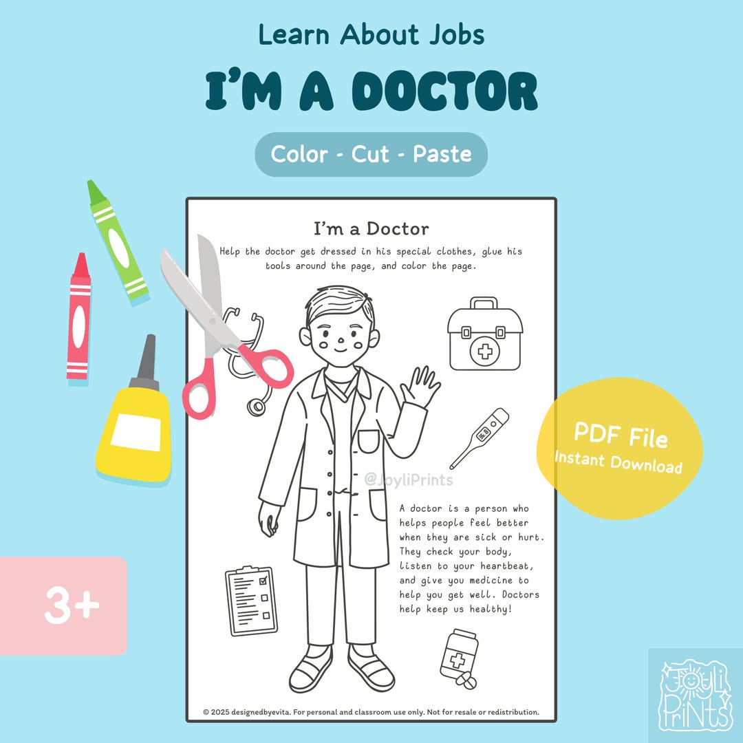Doctor Dress-up Craft | Color Cut Paste Printable for Kids | Preschool ...