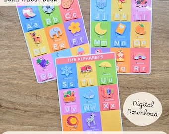 May include: Three colorful alphabet busy pages with letters and corresponding images like an apple, a soccer ball, and cookies. The pages are titled "The Alphabets" and "Build a Busy Book". The product is a digital download.