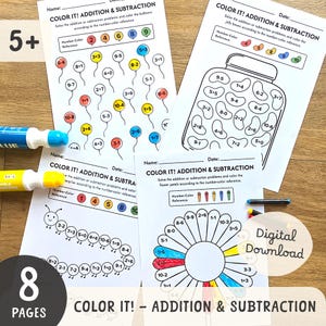 Può includere: Fogli di lavoro stampabili educativi per bambini, con problemi di addizione e sottrazione. I fogli di lavoro includono attività di colorazione con palloncini, gelatine, un bruco e petali di fiori. Include il testo "Color It! Addition & Subtraction" e "Digital Download".