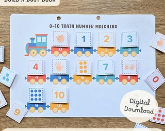 May include: A white busy book page with a train theme. The page features a train engine and train cars with numbers 0-10. Each train car has a number and a corresponding visual representation of that number. The text "BUILD A BUSY BOOK" and "0-10 TRAIN NUMBER MATCHING BUSY PAGE" are also visible.
