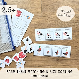 Może przedstawiać: Karty zadań do dopasowywania i sortowania według rozmiaru w tematyce farmy. Karty zawierają ilustracje zwierząt i przedmiotów gospodarskich, z wariantami rozmiarów oznaczonymi jako mały, średni i duży. Zawiera opcję pobierania cyfrowego.
