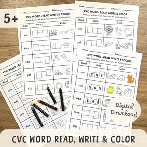 Puede incluir: Un conjunto de hojas de trabajo de palabras CVC para jóvenes estudiantes. Cada hoja presenta una actividad de "Leer, Escribir y Colorear" con ilustraciones correspondientes. Incluye una etiqueta de "Descarga digital" y un indicador de edad "5+".