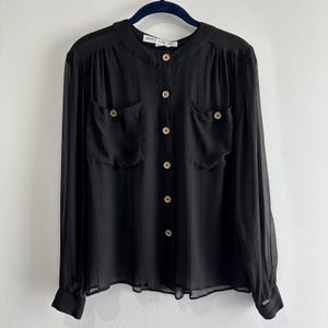 Vintage Lloyd Williams Sheer Black Silk Blouse Long Sleeve Size 6 Gold Buttons