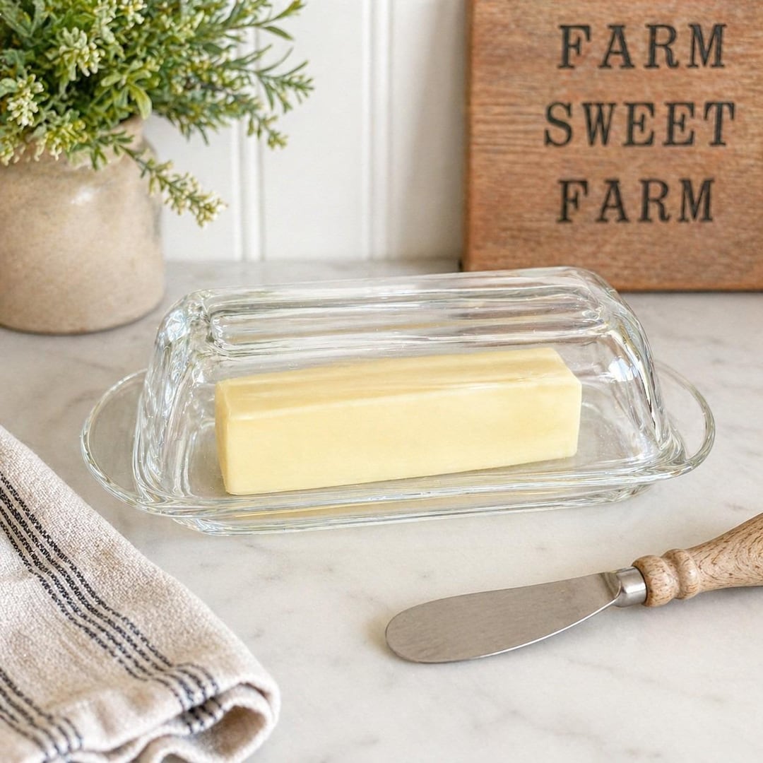 Vintage Glass MCM Butter Dish Clear Rectangular Lid Tray Farmhouse Kitchen