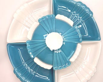 Juego de servir aperitivos Lazy Susan de cerámica vintage de California, estilo MCM, color turquesa y blanco.