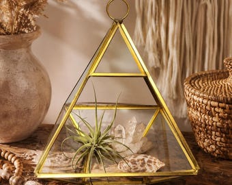 Vintage Brass Glass Pyramid Terrarium Geometric Display Case MCM Boho 80s Decor