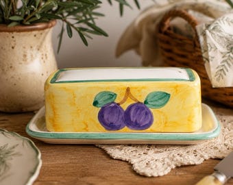 Caleca Italy Hand Painted Ceramic Butter Dish Tuscan Cottagecore Farmhouse Decor