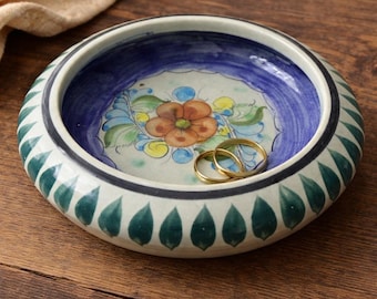 Vintage Tonala Mexican Folk Art Floral Pottery Bowl Hand Painted Trinket Dish