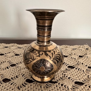 Vintage Brass Vase Hand Etched Floral Design - Mid Century Boho Home Decor 6.5" Tall