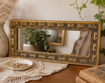 Vintage guldförgylld blommig väggspegel Hollywood Regency Grapevine 17 x 8,5