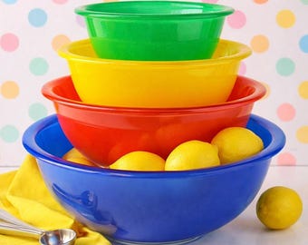 Vintage Pyrex-nestkom set primaire kleuren 322 323 325 326 keukeninrichting jaren 80