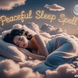 Może przedstawiać: Kobieta śpi spokojnie na powierzchni przypominającej chmurę, z napisem "Peaceful Sleep Spell" nad nią. Scena rozgrywa się pod pełnią księżyca, z puszystymi chmurami. Kobieta ma na sobie jasną suknię.