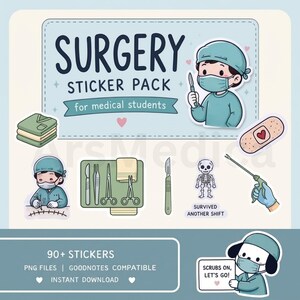 May include: A digital sticker pack featuring medical themes with the text SURGERY STICKER PACK for medical students. Includes illustrations of a surgeon, a bandage with a heart, surgical tools, a skeleton with the text SURVIVED ANOTHER SHIFT, and a dog in scrubs holding a sign that says SCRUBS ON, LET'S GO!
