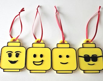 LEGO Head Inspired Tree Ornaments (Set of 4)– Unique Holiday Decor for LEGO Lovers!