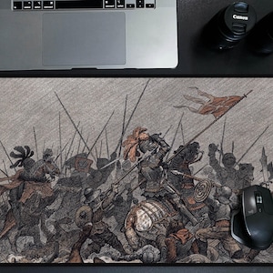 Grand tapis de bureau : illustration de bataille médiévale, art historique des chevaliers