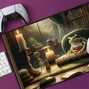 May include: A gaming mousepad featuring a detailed illustration of a frog on a book in a library setting, with candles and a window. A white mouse, keyboard, and game controller are visible.