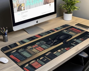 Cozy Library Witches Cat Desk Mat: Large Book Lover Mouse Pad