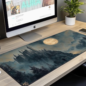 Mystical Castle Under Full Moon Desk Mat | XL Mouse Matt For Home Office | Dark Academia Decor | Vintage Desk Pad | Tech Accessory