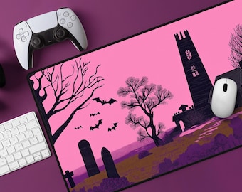 Pink Gothic Tower Desk Mat: Large Halloween Mousepad