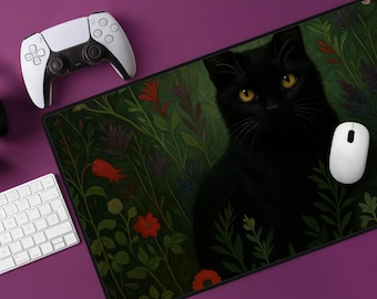 Black Cat Desk Mat: Floral Garden Cat Mousepad Multiple Sizes
