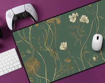 Green and Gold Floral Desk Mat: Sage Green Botanical Nature Mousepad