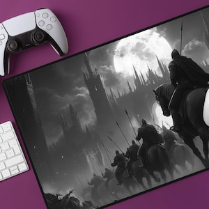 May include: A black and white mousepad featuring a fantasy scene with knights on horseback riding through a dark, gothic city under a full moon.