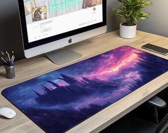 Enchanted Magical Castle Desk Mat | Dark Academia Aesthetic | Witchy Gifts & Watercolor Art | Fantasy Pink Purple Mouse Pad for Book Lovers