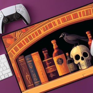 Magicians Bookshelf Desk Mat | Vintage Fantasy Wizard Bookcase Desk Pad | Sorcerers Library Mousepad | Witches Spellbook Potion Raven Crow