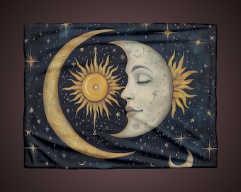 Celestial Moon & Sun Fleece Blanket: Witchy Gothic Decor