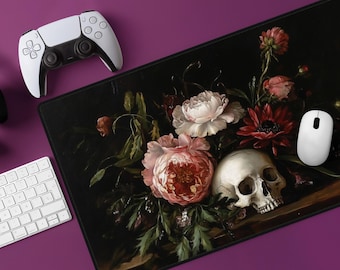 Floral Skull Desk Mat: Gothic Renaissance Art Mouse Pad