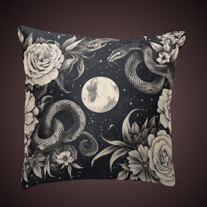 Intricate Floral and Snake Design Pillow | Moonlit Garden Cushion | Witchy Pillow | Gothic Homeware | Accessories For Home And Office