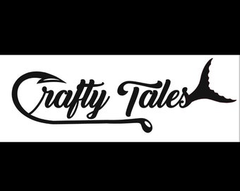 May include: Black and white logo design with the text "Crafty Tales" and a stylized fish tail.