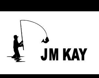 May include: Black and white silhouette of a person fishing with the text "JM KAY" below.