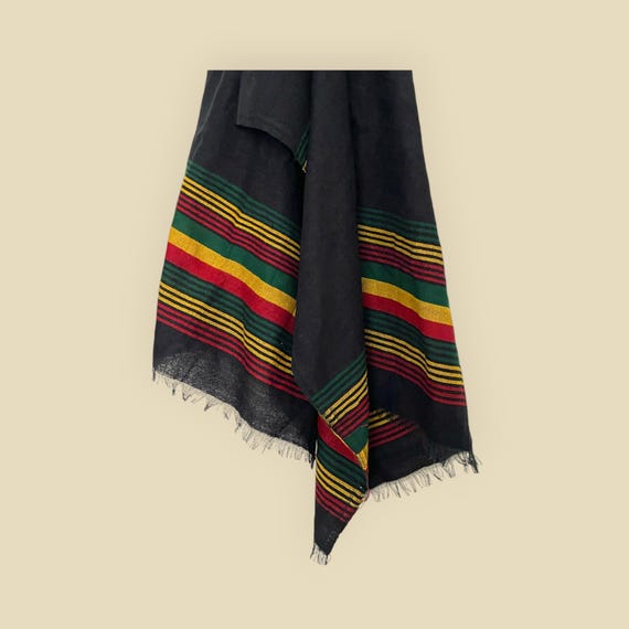 Handwoven Ethiopian Black Cotton Scarf – Rasta Stripes, Handmade