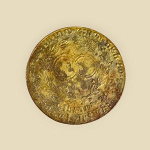 May include: A gold-colored coin with a wreath of leaves and the text "Anno Domini 1810" around the edge. The center of the coin features two overlapping circles.