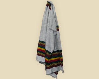 Handmade Ethiopian Cotton Scarf – Grey Scarf with Rasta Green Yellow Red Stripes, Traditional Ethiopian Clothing