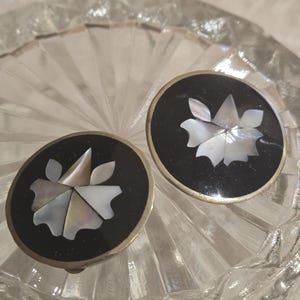 Alpaca Mexican Silver Clip Earrings with Mother of Pearl Inlay