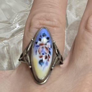 Vintage Russian Painted Enamel Silver Ring - Sz 6