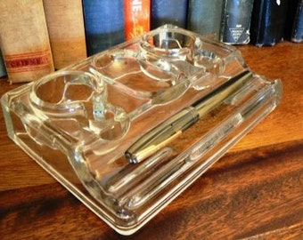 vintage office ... glass Double INK WELL Desk Caddy PEN Holder desk display ink well ...