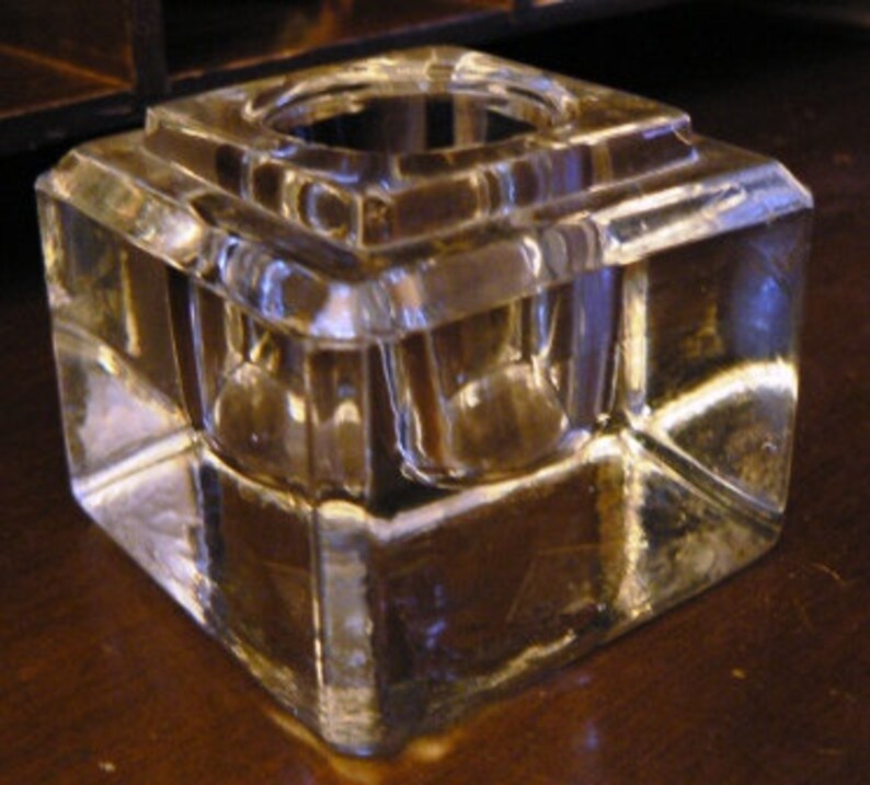 Vintage Office Large Clear Glass INKWELL DESK Ink JAR Pot Stand Ink