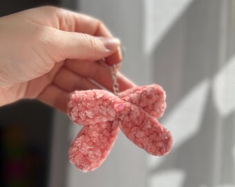 Crochet Velvet Bow Keychain: Handmade Kawaii Bag Charm, Girly Bag Accessory | Valentines Day Gift