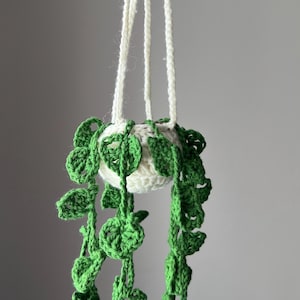 May include: A handmade crochet hanging planter with a white pot and trailing green leaves. The pot is suspended by four white cords. The leaves are a vibrant green, adding a touch of nature to any space. A charming, decorative item.