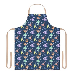 May include: A blue apron with a colorful floral pattern. The apron has adjustable straps and a large pocket in the front.