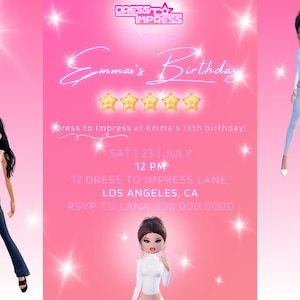 Dress To Impress-verjaardagsuitnodiging | Sjabloon Roblox verjaardagsuitnodiging | Aanpasbaar, bewerkbaar | Print of digitaal | Verjaardagsuitnodiging voor kinderen