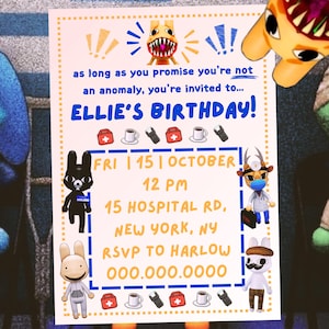 Peut inclure: Une carte d'invitation d'anniversaire rectangulaire avec une créature dessinée en haut et le texte as long as you promise you're not an anomaly, you're invited to... ELLIE'S BIRTHDAY! FRI 15 OCTOBER 12 PM 15 HOSPITAL RD, NEW YORK, NY RSVP TO HARLOW 000.000.0000.