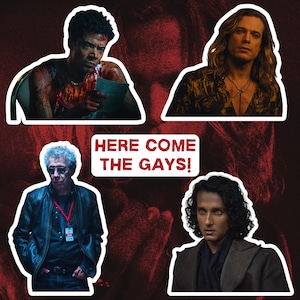 May include: A sticker sheet featuring four distinct character portraits and the red text HERE COME THE GAYS! The images include a person covered in blood, a person with long hair, a person in a leather jacket with a badge, and a person with dark hair.