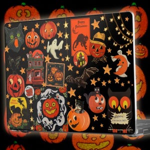 May include: A laptop skin featuring a black background with a collage of vintage Halloween illustrations including orange jack-o'-lanterns, black cats, ghosts, bats, an owl, a haunted house, and yellow stars, with text reading Happy Halloween.